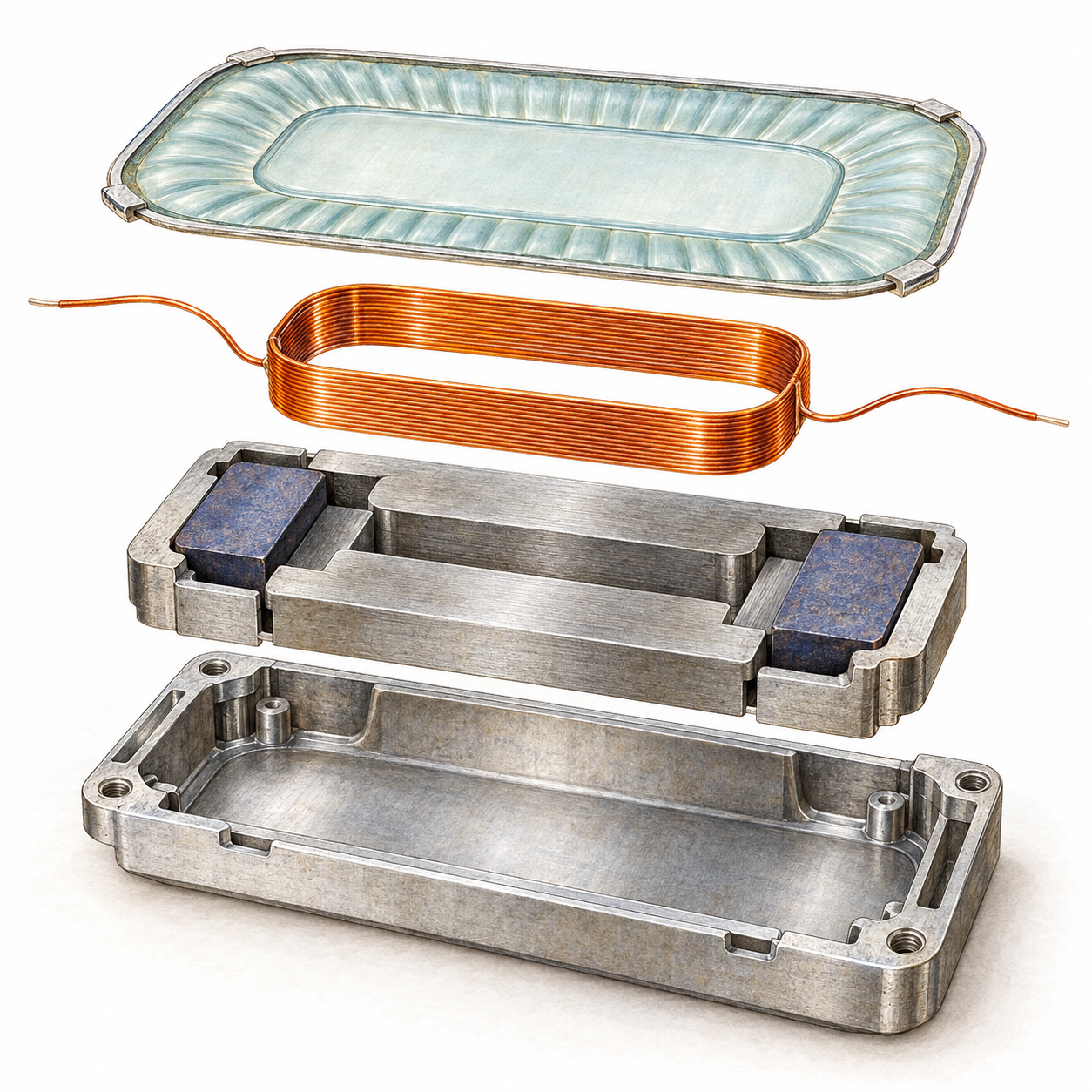 Warm pencil and watercolor rendering of an exploded rectangular speaker: aqua diaphragm, copper coil, brushed iron magnetic system, and silver rear frame.