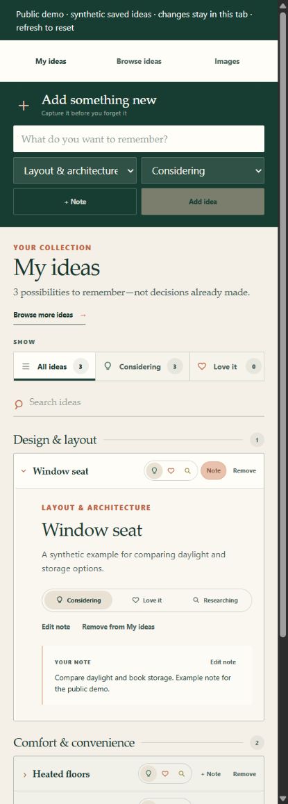 Phone-sized House Notes layout with category groups and an example saved note